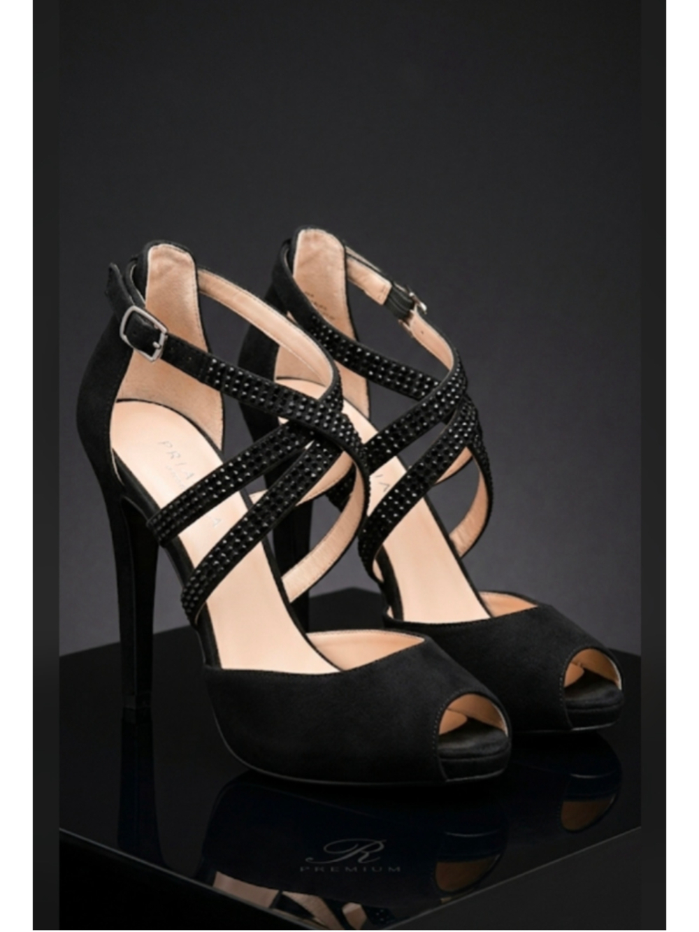 Nine West Black Suede Rhinestone Strappy Heels Peep Toe 7.5M